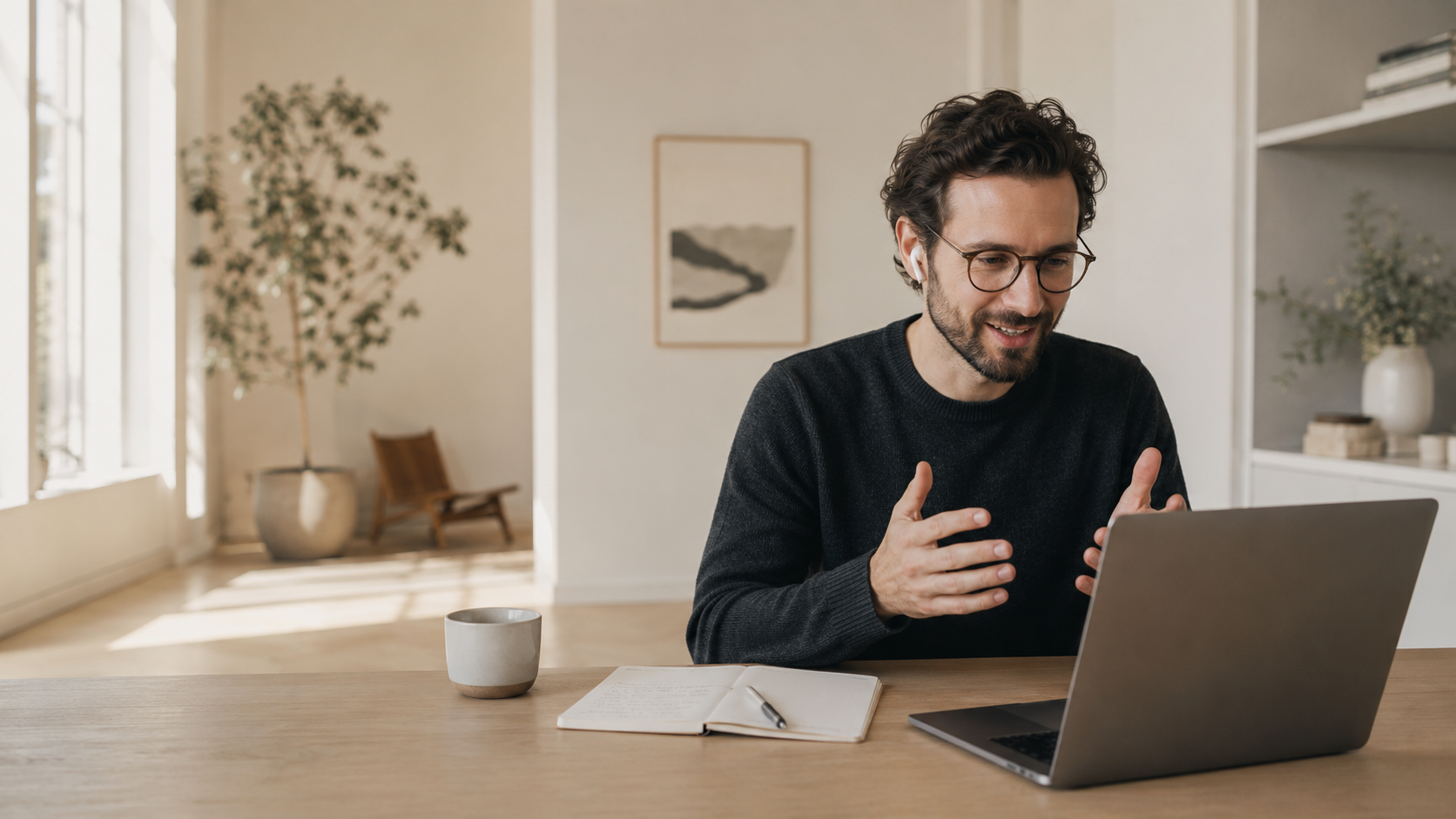 Bearded man with glasses gesturing during a video call at his laptop