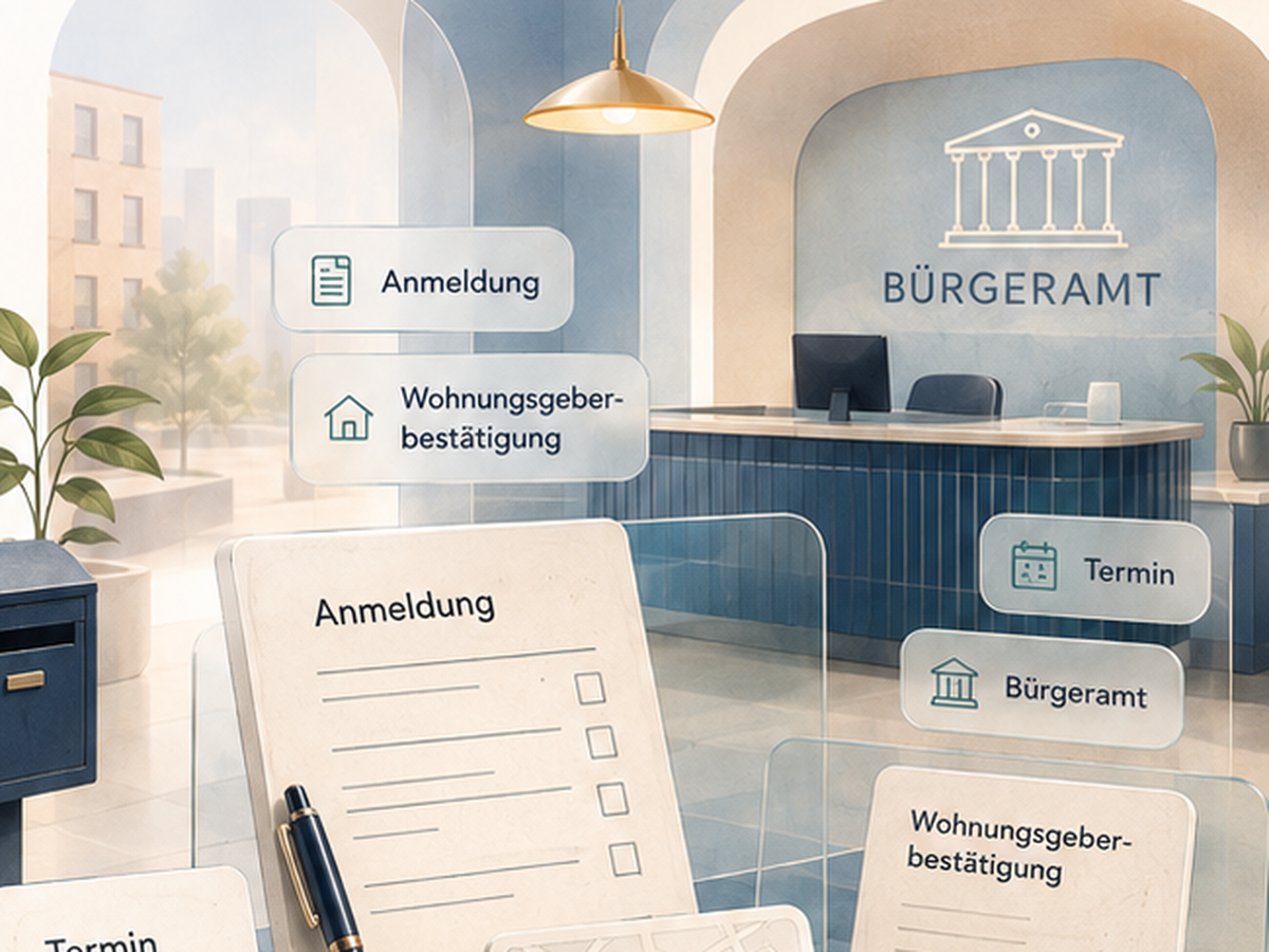 Illustrated Bürgeramt counter with cards reading Anmeldung, Wohnungsgeberbestätigung and Termin.