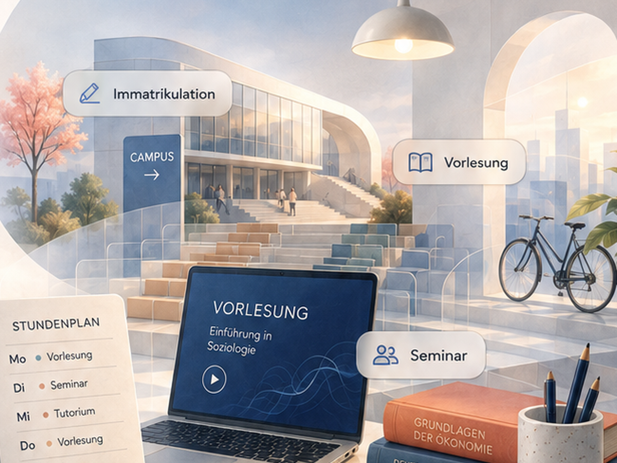 Illustrated campus scene with cards reading Immatrikulation, Vorlesung, Seminar and Stundenplan.